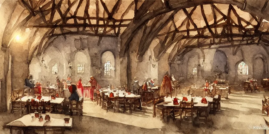 Prompt: medieval dining hall, exquisite sharp masterpiece watercolor painting, trending on artstation