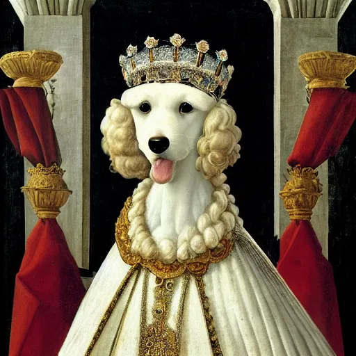 Prompt: portrait of a white poodle as an italian queen, painting by botticelli, 1 4 0 0
