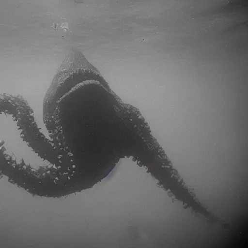 Image similar to a gigantic lovecraftian cyclope emerging from under the ocean, old 3 5 mm ilford black and white, photorealistic