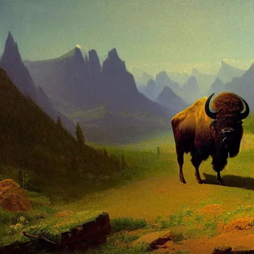 Image similar to enormous bison in a valley, painting by albert bierstadt, highly detailed