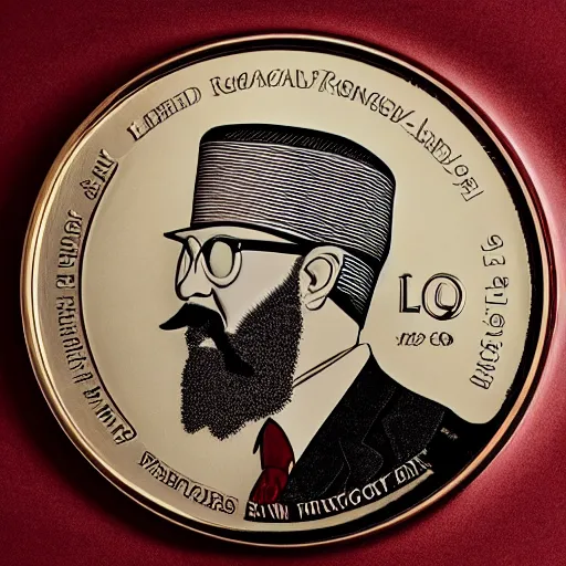 Image similar to A photograph of an unwrapped high quality swiss chocolate coin that is engraved with a portrait of a young bearded leon redbone smoking a cigar, highly detailed, close-up product photo, depth of field, sharp focus, appetizing, foil nearby