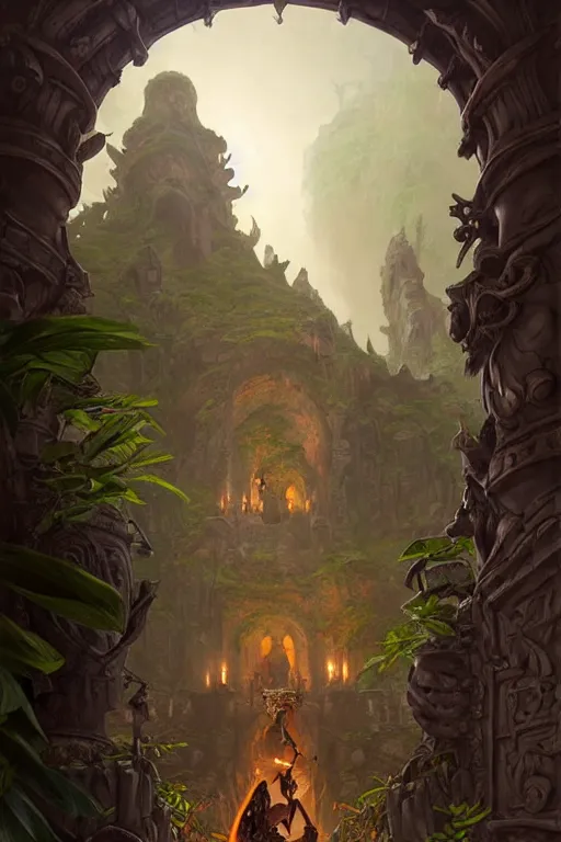 Image similar to deadly path to the crocodile god lair, menacing statues, deep focus, d & d, fantasy, intricate, elegant, highly detailed, digital painting, artstation, concept art, matte, sharp focus, illustration, hearthstone, art by artgerm and greg rutkowski and alphonse mucha