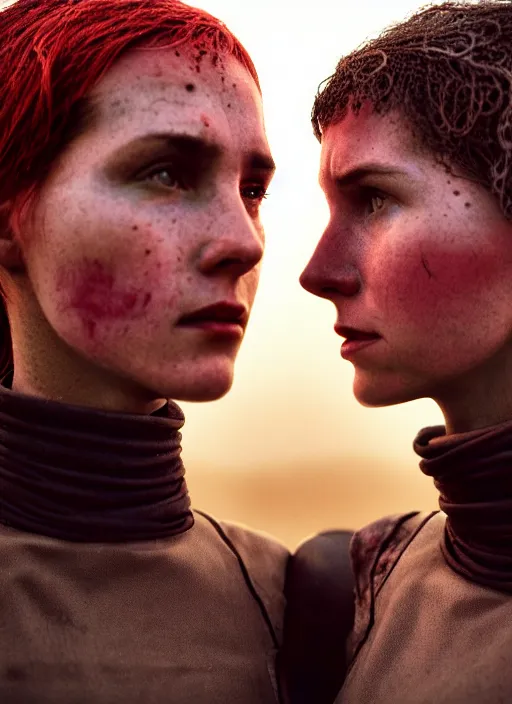 Prompt: cinestill 5 0 d photographic portrait by steve mccurry of two lesbian female androids wearing rugged black mesh techwear on a desolate plain with a red sky, extreme closeup, cyberpunk style, dust storm, 8 k, hd, high resolution, 3 5 mm, f / 3 2, ultra realistic faces, ex machina, blade runner