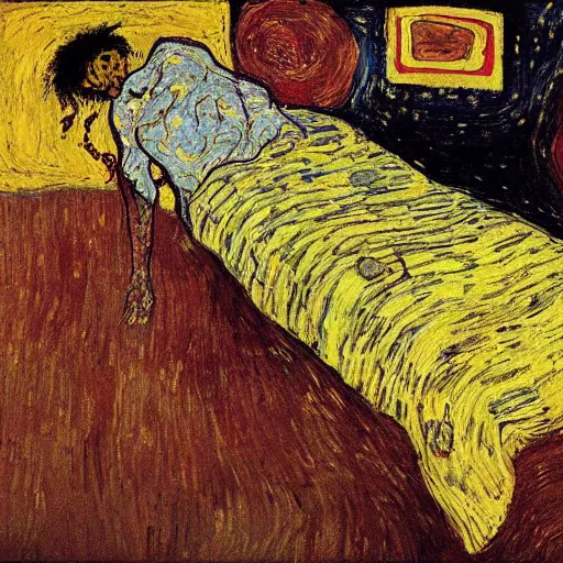 Image similar to The persistence of memory painting by Vincent van Gogh klimt Jean-Michel Basquiat Egon Schiele