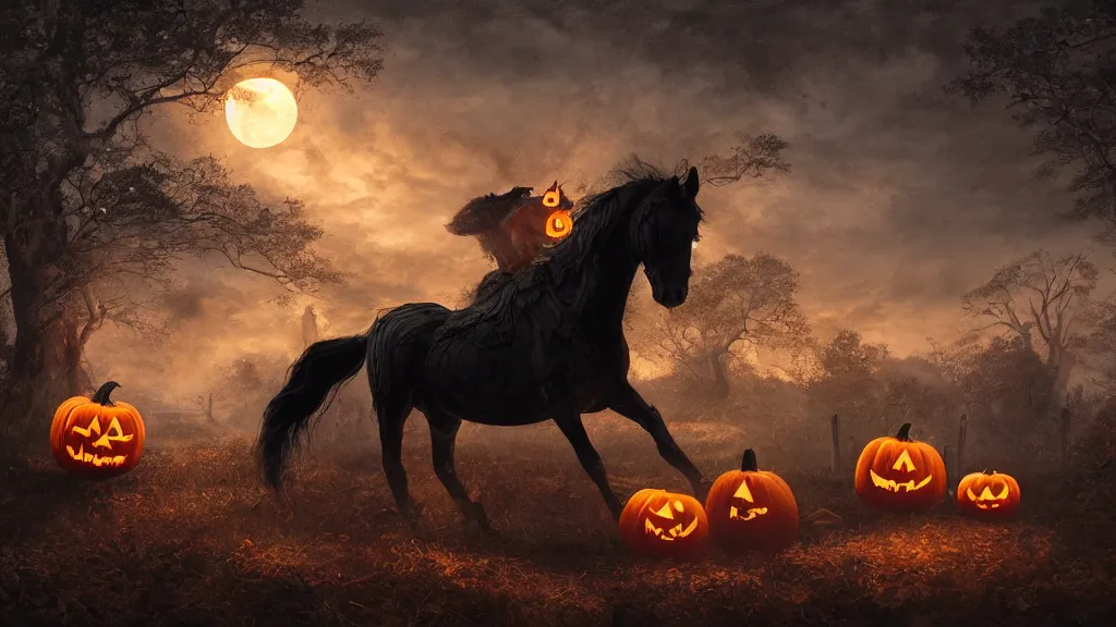 Image similar to rampant black horse with fiery eyes a headless colonial rider holds a jack - o - lantern, background gnarled trees and supermoon, in the styles of greg rutkowski, keith parkinson, and john quidor, intricate, detailed, volumetric lighting
