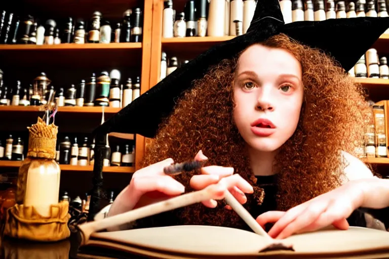 Image similar to extreme close up portrait, dramatic lighting, teen witch calmly pointing a magic wand casting a spell over a large open book on a table with, curly hair, cat on the table in front of her, sage smoke, a witch hat cloak, apothecary shelves in the background 2 0 0 0's photo, ultra sharp, 8 k