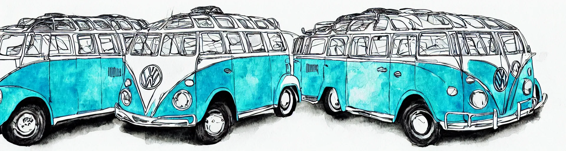 Image similar to vw bus, vw beetle, on a street, centered award winning watercolor pen illustration