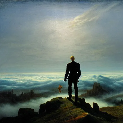 Image similar to wanderer above the sea of fog, but with ghost rider style of caspar david friedrich