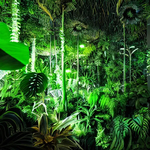 Image similar to « low luminosity jungle, luminescent plants, far view, detailed »