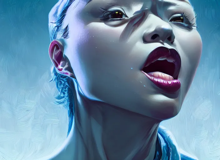 Prompt: wide open queen mouth, close - up, cry, defiant, full lips, anatomy color, light effect, hyper detailed, intricate, elegant, highly detailed, digital painting, artstation, concept art, matte, sharp focus, illustration, by dan mumford, yusuke murata, makoto shinkai, ross tran