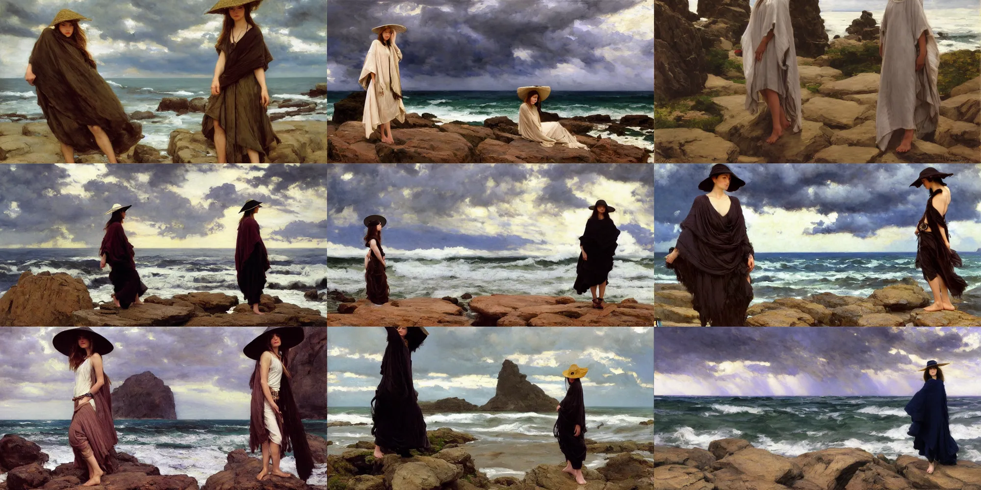 Prompt: dramatic light, thunder clouds in the sky, stormy sea by frederick judd waugh, simple form, brutal shapes, shaman, portrait of single fashionable young woman wearing rich jewerly hat and boho poncho, pixiv, standing pose on stones, 1970s fashion, anime, studio ghiblil, artwork by Joaquin Sorolla and john william waterhouse and Denis Sarazhin and James Jean and klimt and rhads and van gogh and Dean Ellis and Detmold Charles Maurice