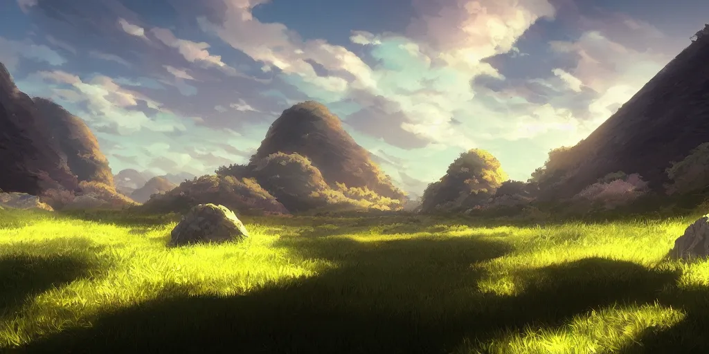 Image similar to evening, landscape, no people, Ghibli, Anime Background, Miyazaki Hayao, concept art, illustration,smooth, sharp focus, intricate, super wide angle, trending on artstation, trending on deviantart, 4K