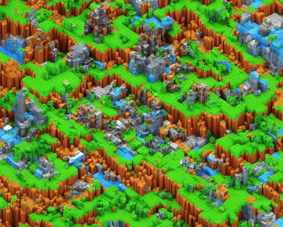 Image similar to the beastlands, isometric, made with voxels, avatar ( 2 0 0 9 ), lush landscape, jungle landscape