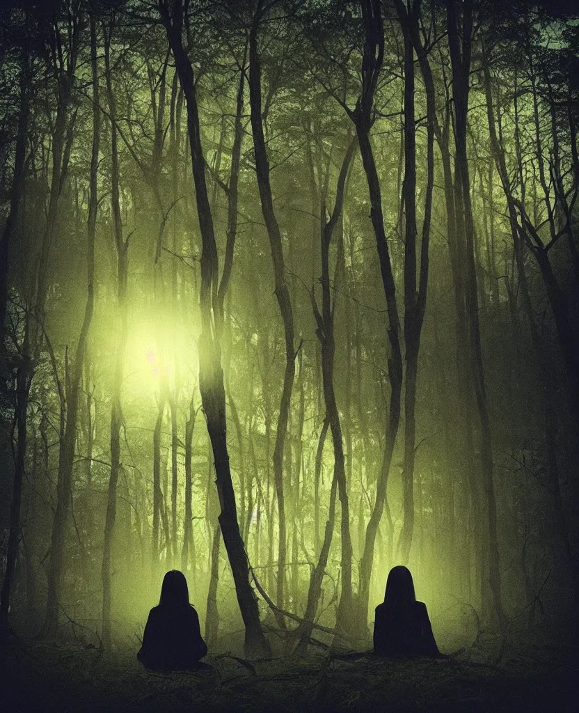 Image similar to “ dense dead forest with glowing orbs, woman sitting ”