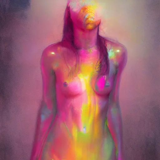Prompt: a babyhorse by cy Twombly and BASTIEN LECOUFFE DEHARME, pink and yellow, iridescent, volumetric lighting