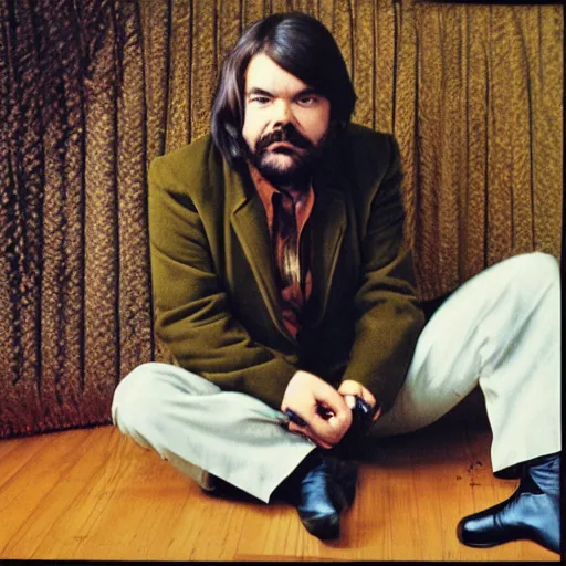Image similar to 70s album art of Matt Berry posing seductively