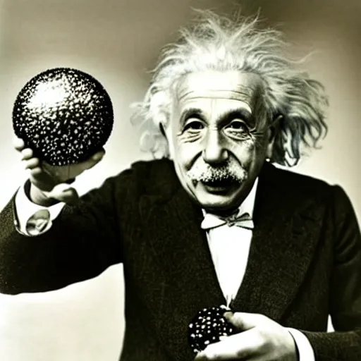 Image similar to einstein holding ( model of atom with metallic spheres ) in his hands, color