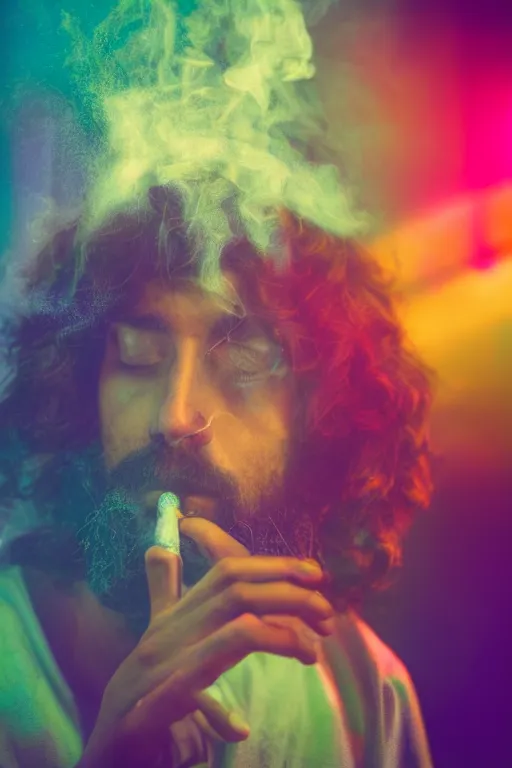 Image similar to studio photo of jesus smoking weed, colorful lighting, bokeh, 3 5 mm, dramatic ligting,