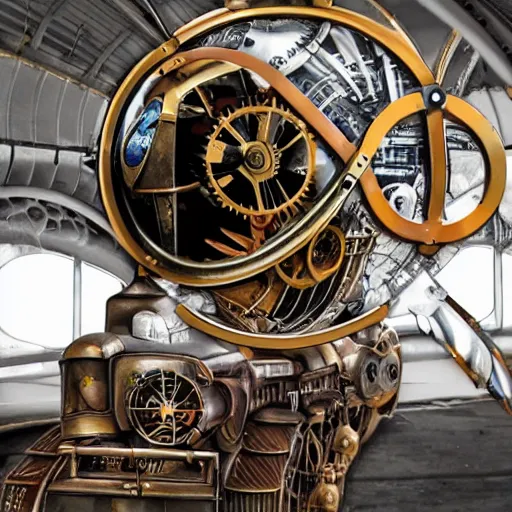 Prompt: A mechanical gyroscope airplane with a train crashing into the back of it, steampunk, style