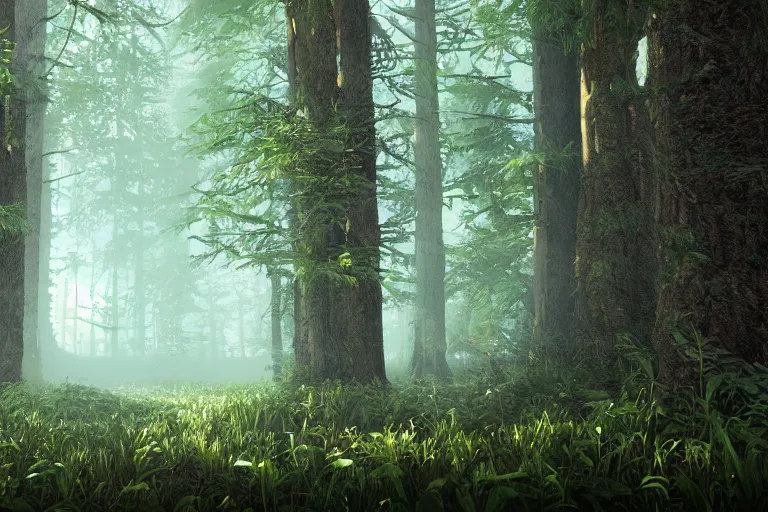 Prompt: A beautiful hyper realistic detailed photo of the inside deep forest with high trees, bushes of blueberry, dynamic lighting, cinematic lighting, lit by morning light, unreal engine, high detailed, featured on artstation