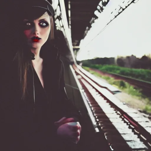 Prompt: slim goth girl sitting on a train, evening, super realistic, perfect lighting, detailed, high contrast, bokeh