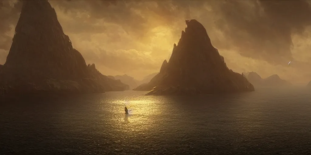 Image similar to screenshot from a movie, epic matte painting of an island, cinematic cinematography masterpiece, greg rutkowski, and ivan aivazovski, roger deakins