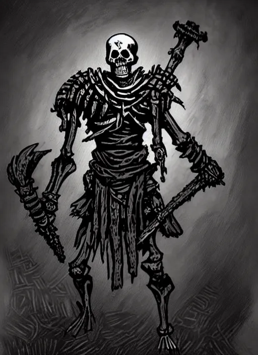 Prompt: concept art of a simple skeleton warrior in darkest dungeon, highly detailed, dark atmosphere, cosmic horror, body horror, lovecraft mythos, key character poster