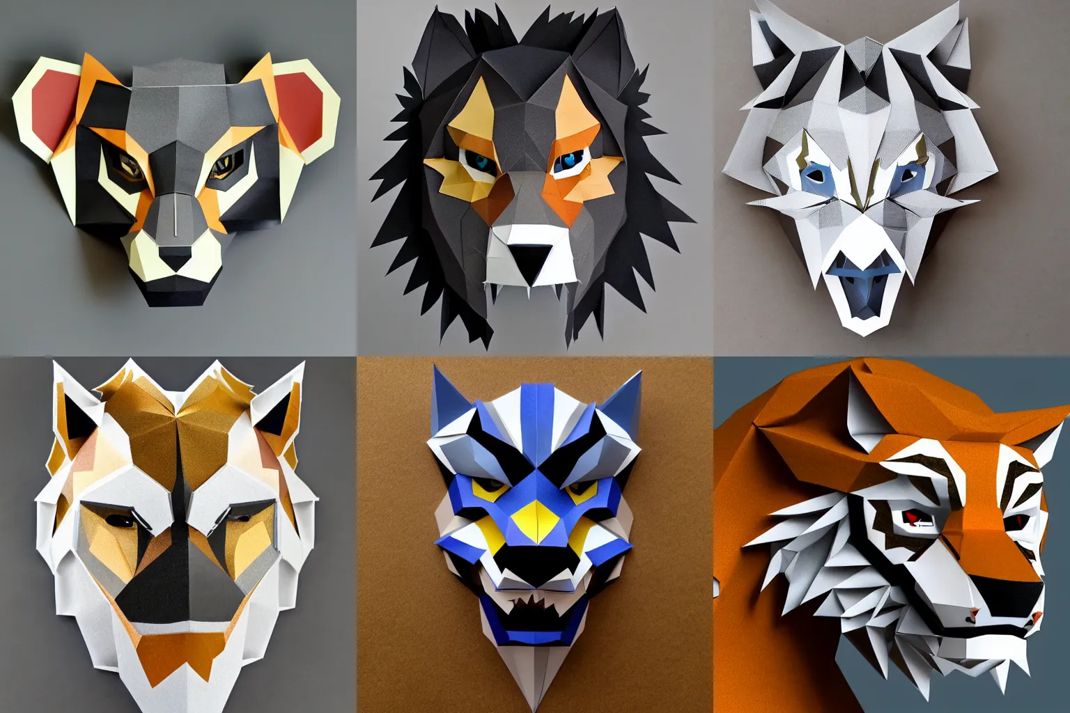 Low poly Art Deco metal sculpture of a wolf head, flat