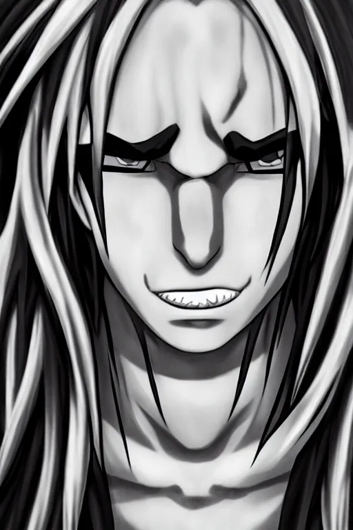 Prompt: orochimaru naruto character portrait, realistic, 4 k, photo realism, black and white, perfect face