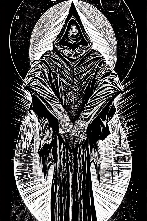 Image similar to wizard in a hooded cloak holding a vile, high details, intricately detailed, by vincent di fate, inking, 3 color screen print, masterpiece, trending on artstation,, sharp, details, hyper - detailed, hd, 4 k, 8 k