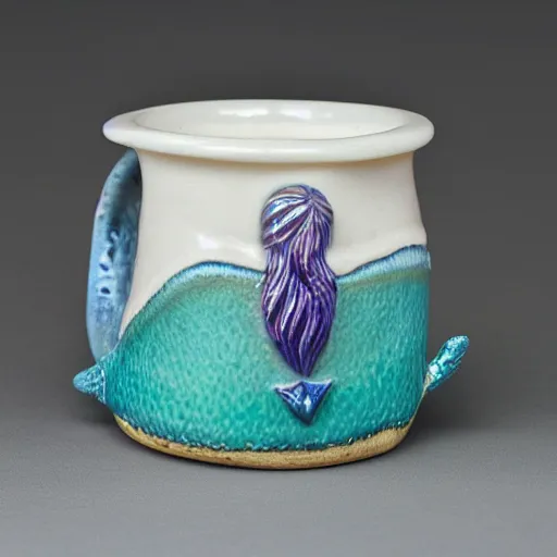 Image similar to a ceramic mug sculpted to be a mermaid