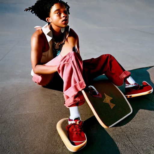 Image similar to realistic photoshooting for a new palaceskateboard!!! lookbook, color film photography, photo of a woman, photo in style of tyler mitchell, 3 5 mm, featured on vogue