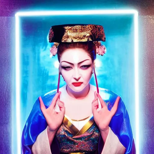 Image similar to portrait of a madonna as a geisha dressed in metallic blue clothes, futuristic makeup in a studio with green lights behind, award winning photography