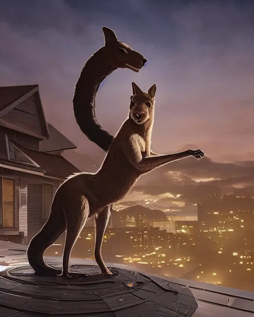 Image similar to rubber flat roofing installation services on garage roof halifax, fantasy, a kangaroo standing on the roof, intricate, epic lighting, cinematic composition, hyper realistic, 8 k resolution, unreal engine 5, by artgerm, tooth wu, dan mumford, beeple, wlop, rossdraws, james jean, marc simonetti, artstation