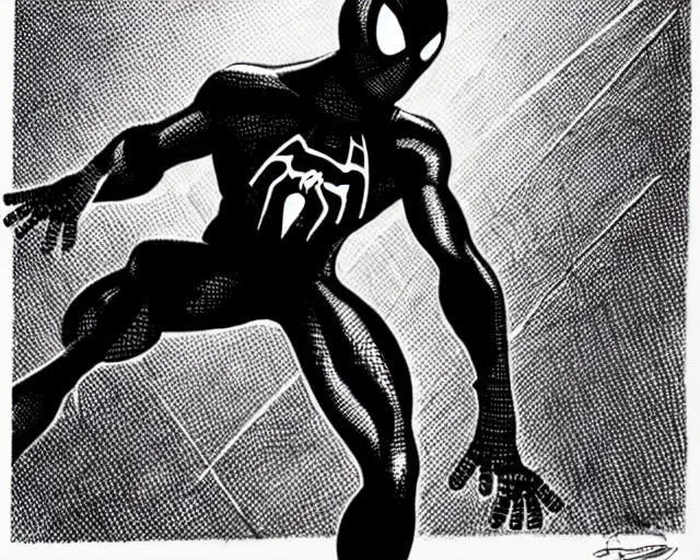 Image similar to photorealistic sketch of black spider - man with gold webbing by steve ditko