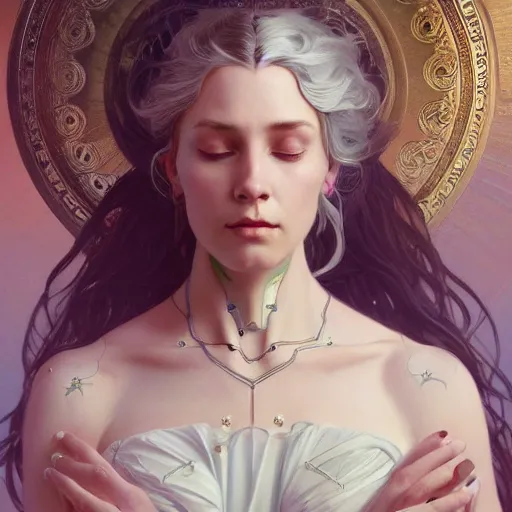 Image similar to god/goddess, non-binary, white hair, long hair, gorgeous, amazing, elegant, intricate, highly detailed, digital painting, artstation, concept art, sharp focus, illustration, art by greg rutkowski and alphonse mucha