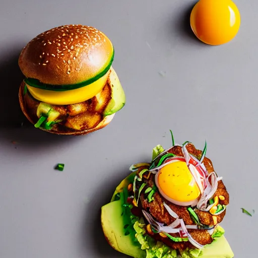 Image similar to juicy vegan hamburger topped with avocado and onion and a vegan fried egg, crispy buns, 8 k resolution, professional food photography, studio lighting, sharp focus, hyper - detailed