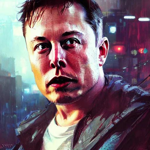 Image similar to elon musk, hyperrealistic portrait, bladerunner street, art of elysium by jeremy mann and alphonse mucha, fantasy art, photo realistic, dynamic lighting, artstation, poster, volumetric lighting, very detailed face, 4 k, award winning