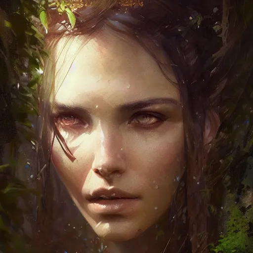 Image similar to a beautiful portrait of a forest goddess by Greg Rutkowski and Raymond Swanland, Trending on Artstation, ultra realistic digital art