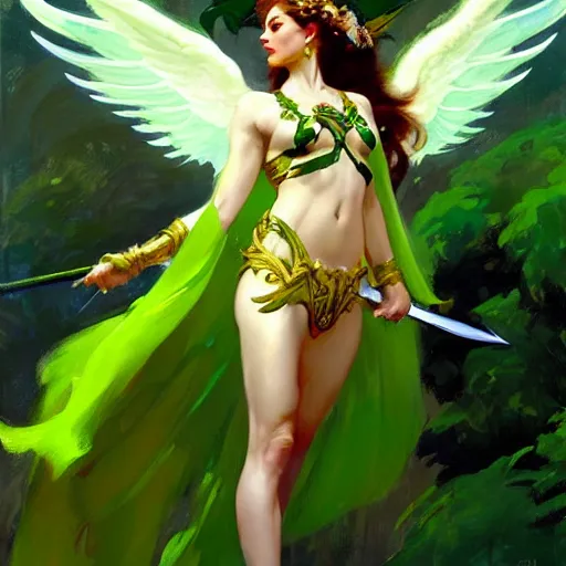 Image similar to greg manchess painting of goddess of hunt wearing shiny mythical green clothes, green and white long hair, long wings, large angelic sword, soft lighting, trending on artstation, by huang guangjian and gil elvgren and sachin teng