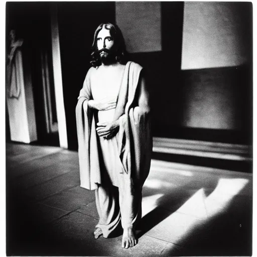 Image similar to photo of Jesus Christ by Diane Arbus, black and white, high contrast, Rolleiflex, 55mm f/4 lens