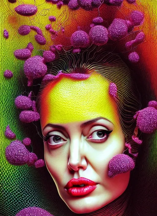 Prompt: hyper detailed 3d render like a Oil painting - Angelina Jolie in fishnets with black hair in thick mascara seen Eating of the Strangling network of colorful yellowcake and aerochrome and milky Fruit and Her delicate Hands hold of gossamer polyp blossoms bring iridescent fungal flowers whose spores black the foolish stars by Jacek Yerka, Mariusz Lewandowski, Houdini algorithmic generative render, Abstract brush strokes, Masterpiece, Edward Hopper and James Gilleard, Zdzislaw Beksinski, Mark Ryden, Wolfgang Lettl, Dan Hiller, hints of Yayoi Kasuma, octane render, 8k