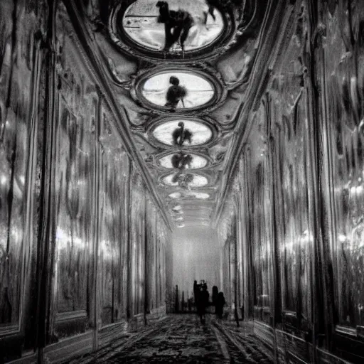 Image similar to hall of mirrors, surreal, horror, atmospheric, evil, nightmare, film grain