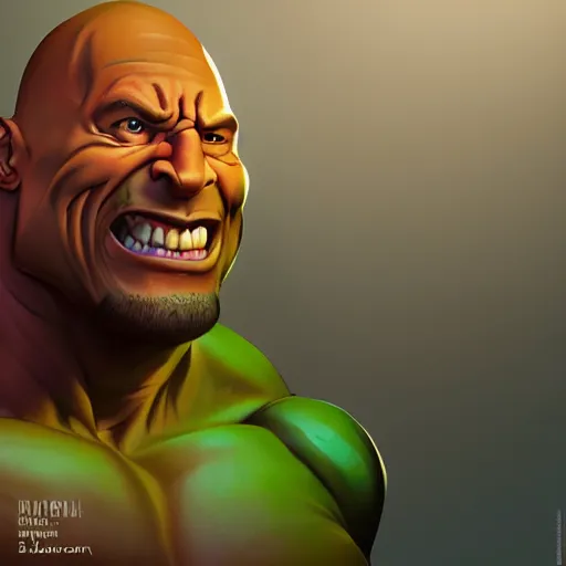 Image similar to upper body illustration of a dwayne johnson as an orc, green skin, strong chest, mattepainting concept blizzard pixar maya engine on stylized background splash comics global illumination lighting artstation, sharp focus, lois van baarle, ilya kuvshinov, rossdraws