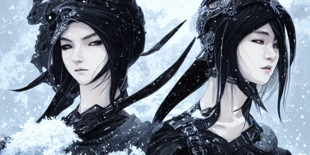 Image similar to portrait ninja gaiden girl, black plus white ninja wardrobe, at snowy fuji mountain sunrise, ssci - fi and fantasy, intricate and very very beautiful, detailed, digital painting, artstation, concept art, smooth and sharp focus, illustration, art by tian zi and wlop and alphonse mucha