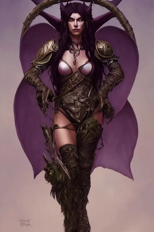 Prompt: Alluring Tiefling Druid, wearing leather armor olive brown skin, dark purple hair, and silver eyes full body, dungeons and dragons portrait, highly detailed, digital painting, artstation, concept art, sharp focus, illustration, art by artgerm and greg rutkowski and alphonse mucha