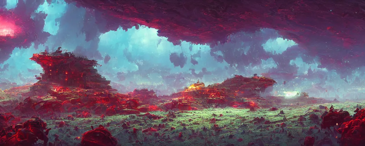 Prompt: ” otherwordly hostile landscape, [ cinematic, detailed, epic, widescreen, opening, establishing, mattepainting, photorealistic, realistic materials, octane render, art by paul lehr ] ”