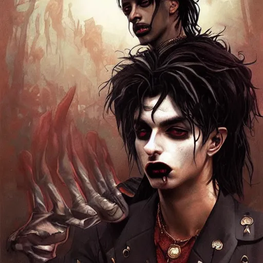 Prompt: dark fantasy character portrait of Playboi Carti as a vampire, dystopian mood, intricate, wild, highly detailed, digital painting, artstation, concept art, smooth, sharp focus, illustration, art by artgerm and greg rutkowski and alphonse mucha