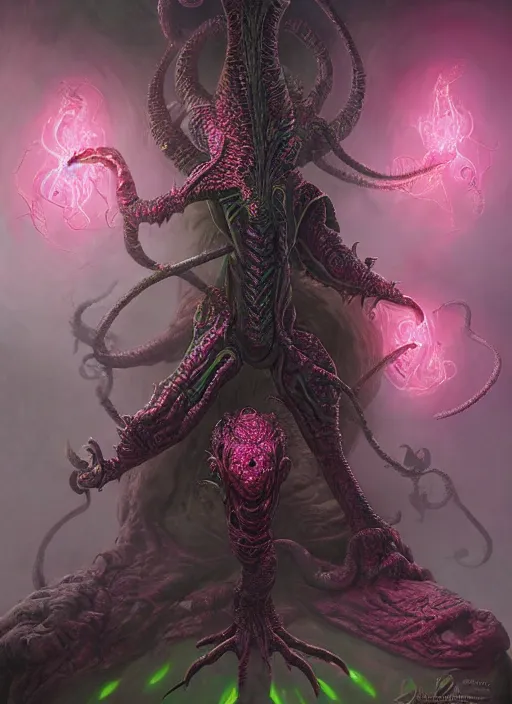 Prompt: dark lovecraft horror machine glowing reptile eyes, pink and green metal armor, elegant, highly detailed, centered, digital painting, artstation, concept art, smooth, sharp focus, illustration, artgerm, tomasz alen kopera, peter mohrbacher, donato giancola, joseph christian leyendecker, wlop, frank frazetta