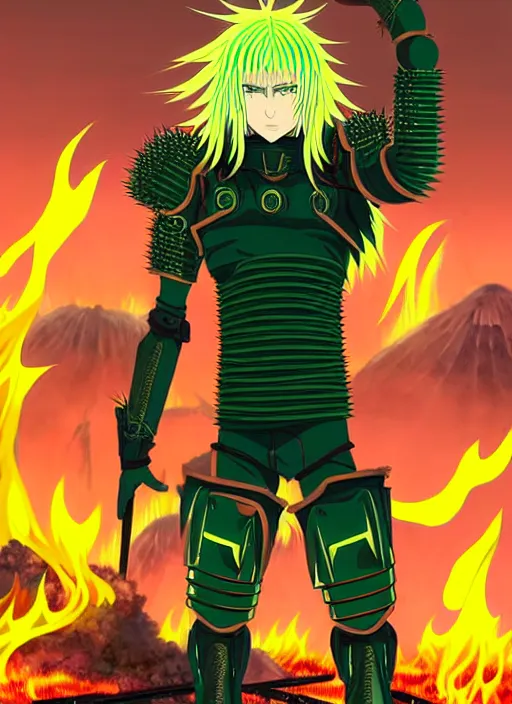 Image similar to a detailed anime full body portrait of a male warrior with long blonde hair and blue eyes wearing evil green spiked cyberpunk armour and standing in the desolate burning ruins of a futuristic city by hirohiko araki and beeple,